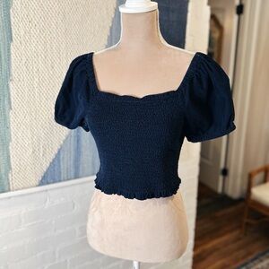 American Eagle 100% Cotton Navy Microcord & Smocked Puff Sleeve Blouse